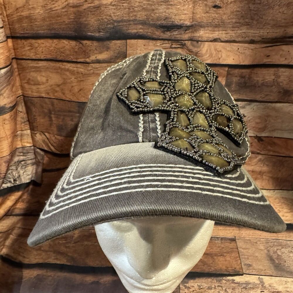 Olive & Pique Hat Womens Distressed Gray Beaded Cross Rhinestone Baseball Cap